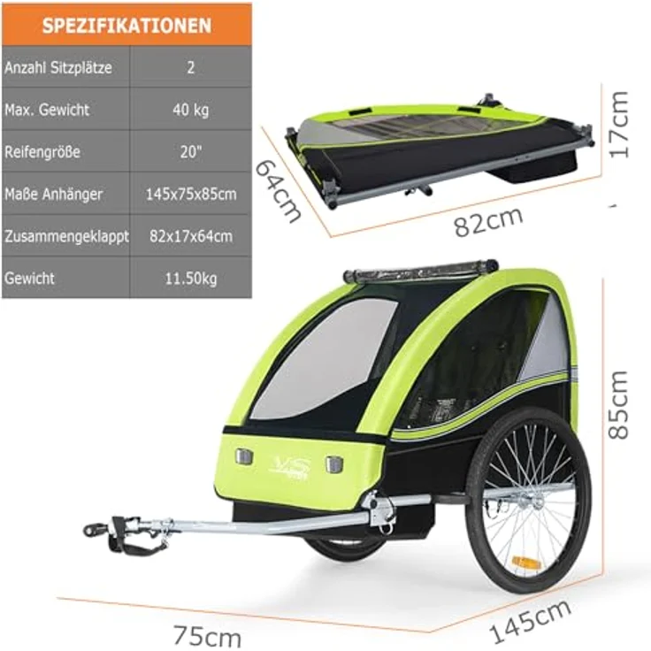 TIGGO Fahrradkinderanhänger Tiggo VS Kinderanhänger Fahrradanhänger für 1 oder 2 Kinder, Stahlrahmen, UV-Schutz, Sicherheitsgurtsystem, 20-Zoll-Räder – Bild 5