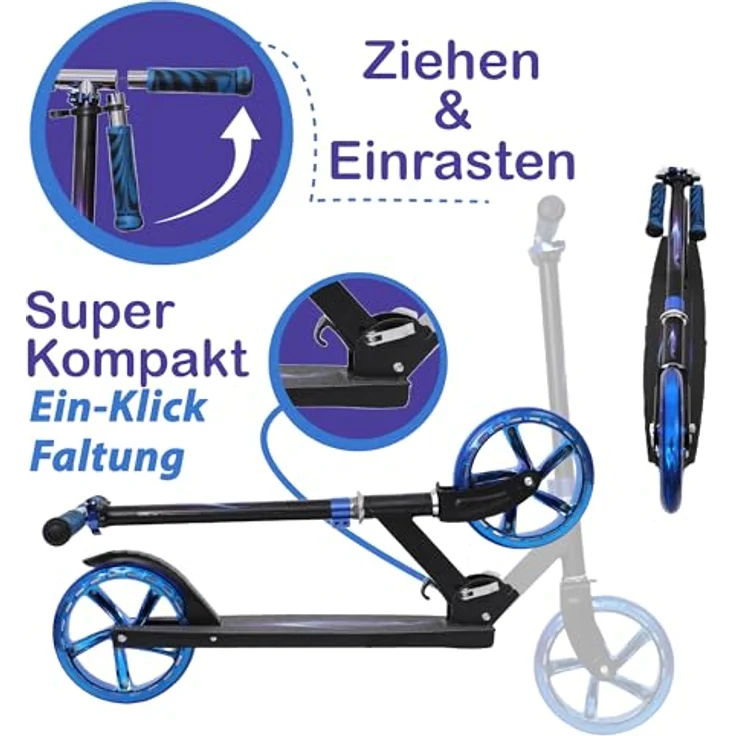 Europebazar Habib Cityroller mit glänzenden XXL-Rädern, klappbar & bis 100kg, höhenverstellbar, blau – Bild 4