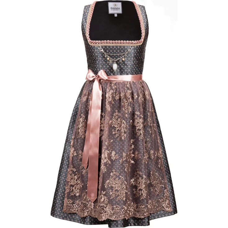 Edelnice Dirndl, elegantes Brokatdirndl in dunkelgrau mit Streublümchenmuster – Bild 1