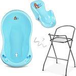 Babykajo Babybadewanne mit Gestell, TÜV Rheinland zertifiziert - 4-teiliges Set mit Badewannensitz, Abfluss & stabilem Metallgestell, BPA-frei, 86 cm lange Wanne für Neugeborene