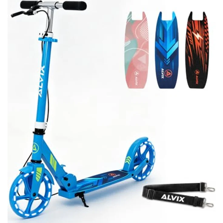 ALVIX Kinder-Scooter mit Handbremse, 200mm LED-Leuchträder, höhenverstellbar, faltbar, Tragetasche, bis 100 kg – Bild 1