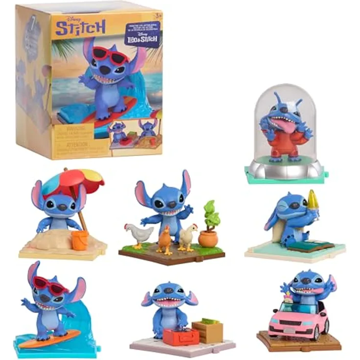 Just Play Stitch LA Movie Time Collectible Figs, Deluxe Disney Sammelfigur mit Zubehör, 7,7 cm groß, verschiedene Szenen nach Lilo & Stitch Live-Action-Film