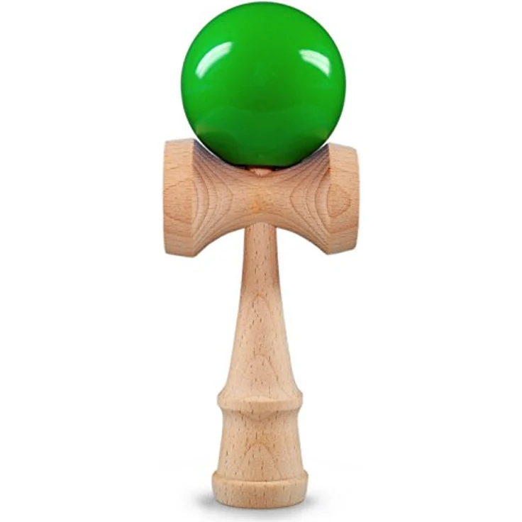 Ganzoo Kendama Fangspiel, Buchenholz mit 6 cm Holzkugel, reißfestem Nylonseil, 3 Fangtassen und Spike, grün natur, Geschicklichkeitstraining und Koordination üben – Bild 1