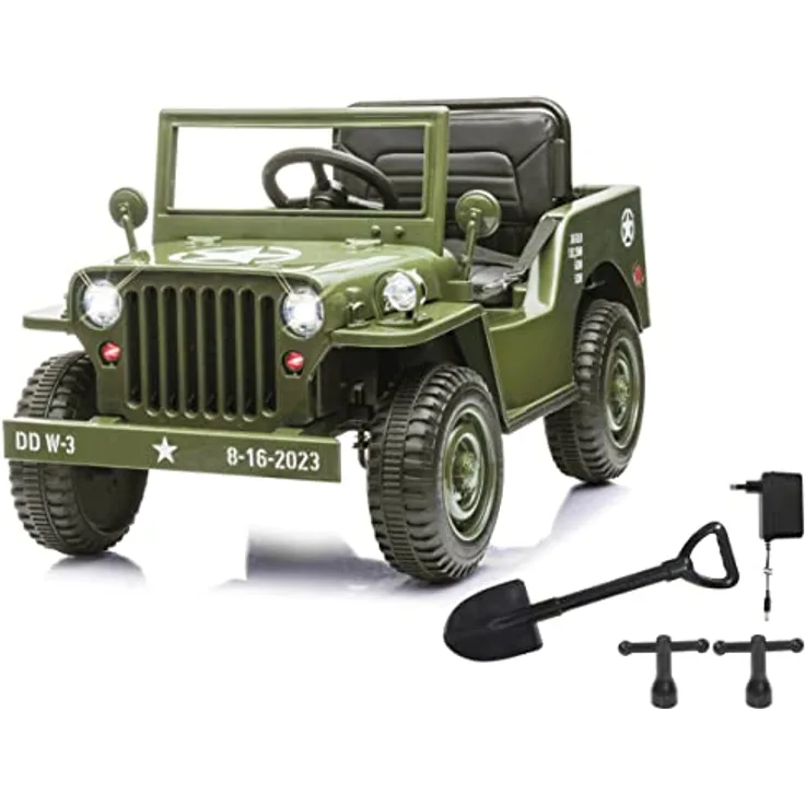 JAMARA 461815 Ride-on Jeep Willys MB Army 12V-Softanlauf, Kofferraum, Schaufel abnehmbar, USB-Anschluss, Bluetooth, Elektroauto, grün, Groß