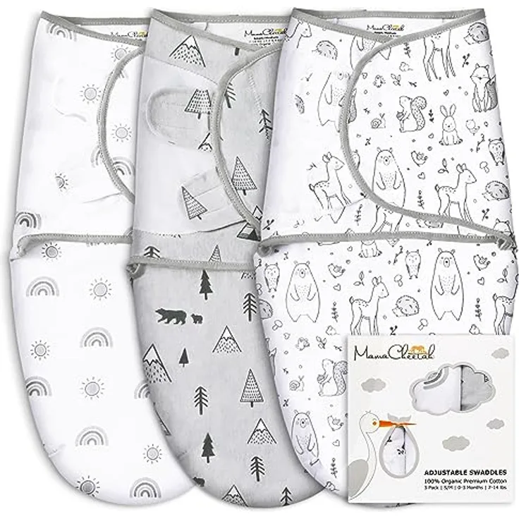 Mama Cheetah Baby Swaddle Sack, 100% Bio-Baumwolle, verstellbare Einschlagdecke für Neugeborene, 3er-Pack für Jungen und Mädchen, fördert erholsamen Schlaf, 0-3 Monate