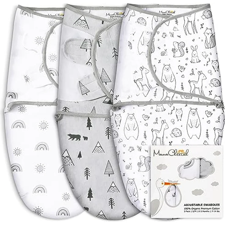 Mama Cheetah Baby Swaddle Sack, 100% Bio-Baumwolle, verstellbare Einschlagdecke für Neugeborene, 3er-Pack für Jungen und Mädchen, fördert erholsamen Schlaf, 0-3 Monate – Bild 1