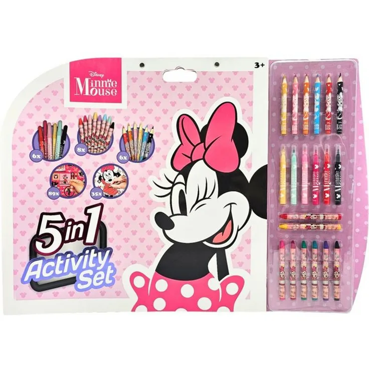 Canenco Disney Minnie Mouse Kreativset, 5-in-1 Mal-Set mit 35 Ausmalblättern, 89 Stickern, 6 Filzstiften, 6 Holzstiften und 8 Wachsmalstiften