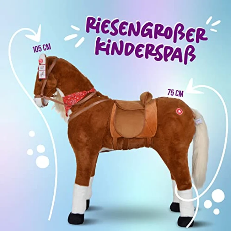 XXL Plüschpferd 105cm - Elsa, das riesige Reitpferd für Kinder, tolles Stehpferd zum Draufsitzen inkl. kleiner Bürste, 100kg Tragkraft - ein Kindertraum für Mädchen! Farbe: braun/blonde Mähne - Preisvergleich – Bild 5