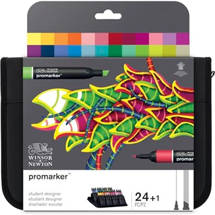 Winsor & Newton ProMarker 0290030, 24er Set Layoutmarker mit 2 Spitzen (fein & breit), brillante Farben im praktischen Wallet – Bild 1