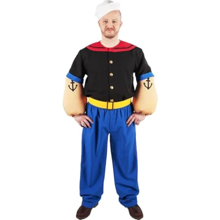 Maskworld Popeye Comic Seemann Kostüm, 6-teilig mit schwarzem Hemd, Hose, Muskel-Armen und Matrosenmütze (XXL) – Bild 2