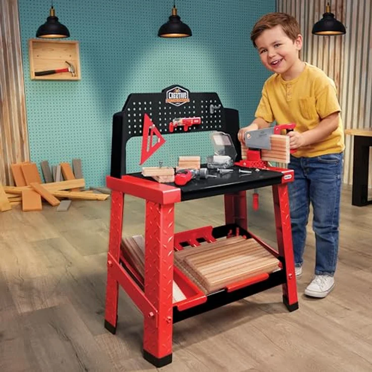 Little Tikes® Spielwerkbank Creative Construction, Kinderwerkbank mit robustem Zubehör und 30 Nägeln in Holzoptik – Bild 2
