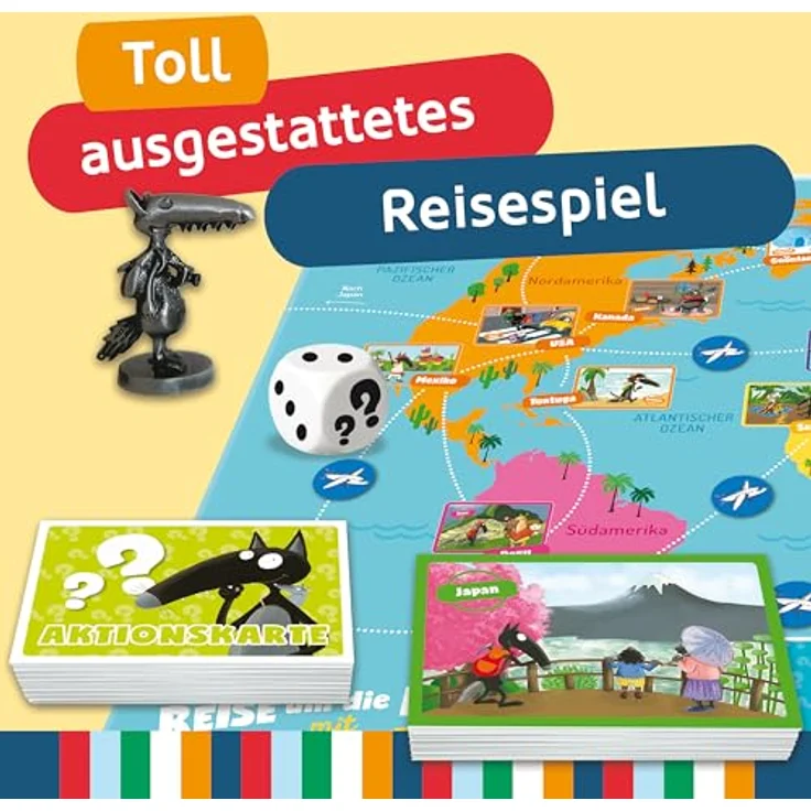 AUZOU Reise um die Welt mit Wolf, Brettspiel ab 5 Jahren, Familienspiel für 2-6 Spieler mit Wolf-Metallfigur und Postkartenversand – Bild 4