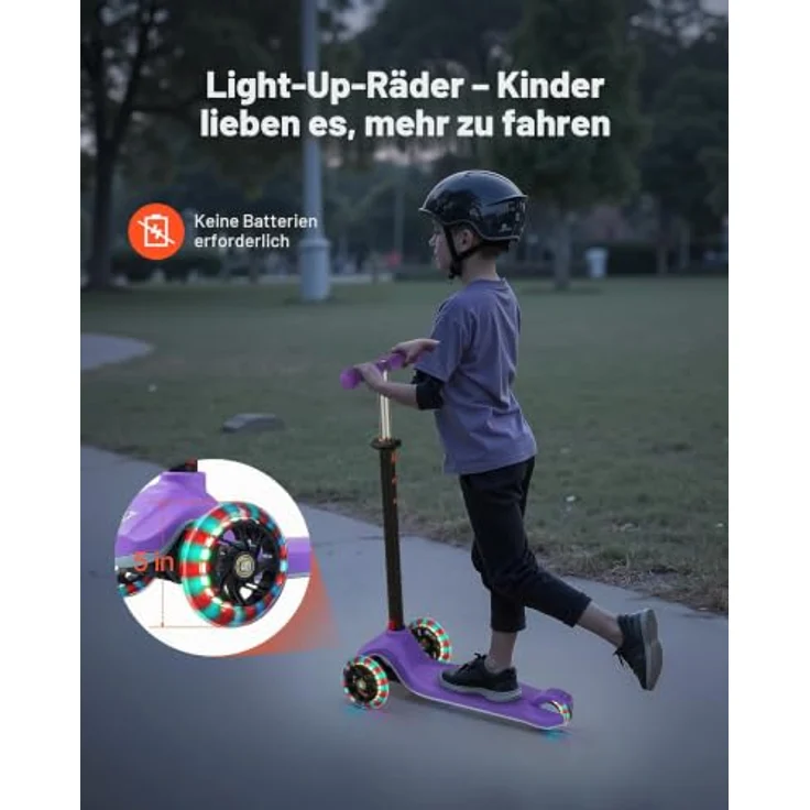 VEVOR Kinderroller, 3-Rad Scooter ab 3 Jahren mit höhenverstellbarem Lenker, rutschfestem Deck und leuchtenden 5-Zoll-Rädern, Lila, für bis zu 75 kg – Bild 3