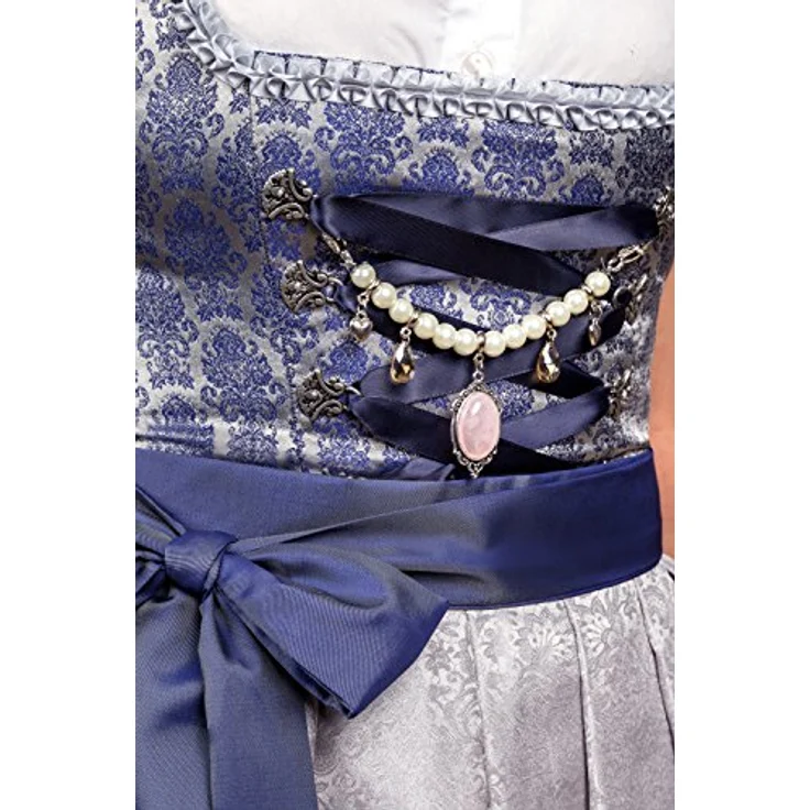 Edelnice Dirndl Marianna Stehkragen, Jaquard Stoff in grau-silber und dunkelblau, mit Perlen Charivari und Dirndlschürze – Bild 7