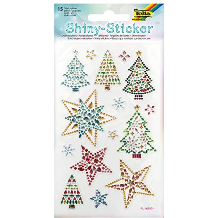 folia 18308 - Shiny Sticker, Christmas, 15 Sticker, aus bunten Strasssteinen, in verschiedenen Motiven, einfach von der Folie abzuziehen