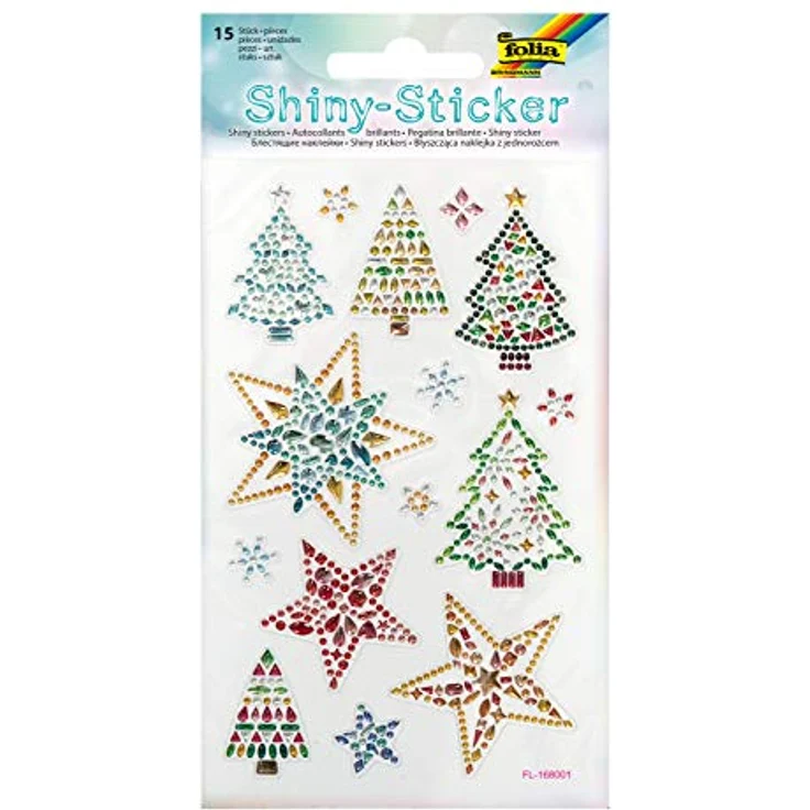 folia 18308 - Shiny Sticker, Christmas, 15 Sticker, aus bunten Strasssteinen, in verschiedenen Motiven, einfach von der Folie abzuziehen
