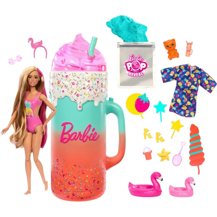 Barbie Anziehpuppe Pop! Reveal, Tropical Smoothie - Parfümierte Puppe mit Farbwechsel-Make-up, inklusive Squishy-Tier und formbarem Sand – Bild 1