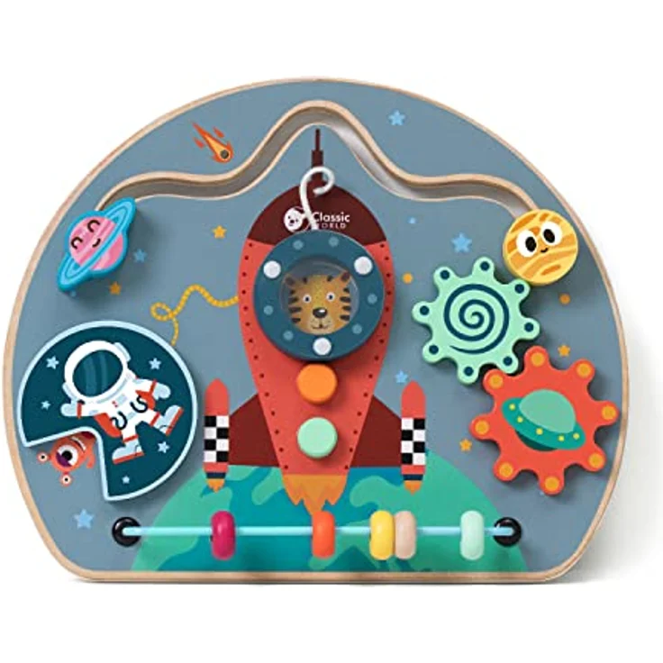 Classic World Wooden Activity Board Rocket, Holzspielzeug mit Maze, Zahnrädern und Perlenspirale, geeignet für Kinder ab 12 Monaten, 29 x 23.5 x 6.4 cm – Bild 1