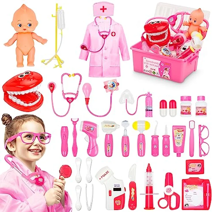 Fivejoy 43Stk Arztkoffer Kinder ab 3 Jahre, Doktorkoffer Kinder Rollenspiel Spielzeug mit Rosa Arztkittel and Puppe, Doktor-Spiel-Set Medizinischer Koffer Geschenk für 3 4 5 Jährige Mädchen(Rosa) - Preisvergleich – Bild 2
