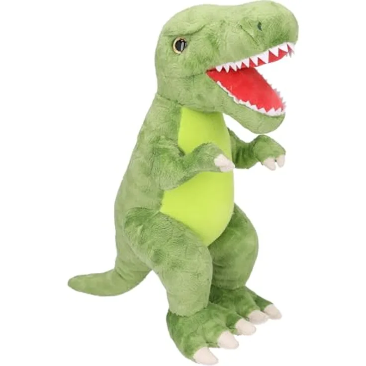 Depesche 12682 Dino World - Kuscheltier Dinosaurier T-Rex mit grünem Fell und Glitzeraugen, ca. 30 cm großer Plüschdino, Schwarz