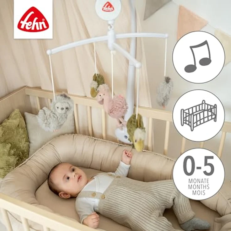 Fehn Musik-Mobile Lazy, Crazy & Pink – Einschlafhilfe mit Spieluhr Melodie „Brahms Wiegenlied“ für Babys von 0-5 Monaten, Höhe 65 cm, ø 40 cm, maschinenwaschbar – Bild 3