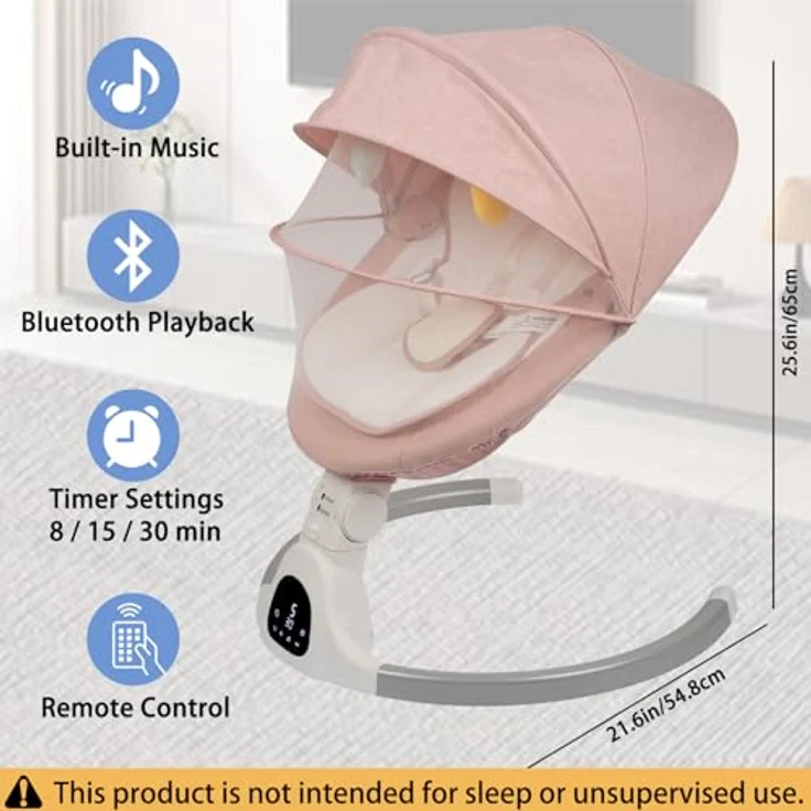 JFOVMCYG Elektrische Babywippe für Säuglinge bis 9 kg, klappbar, mit Fernbedienung & Bluetooth, 5 Schaukelgeschwindigkeiten, 3 Sitzpositionen, Timer-Funktion – Bild 5