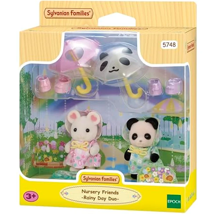 Sylvanian Families 5748 Erlebniskindergarten Freunde “Regenwetter”, Spielfigurenset mit 2 Baby Figuren, Regenmanteln, 2 Regenschirmen und Wasserpfütze – Bild 2