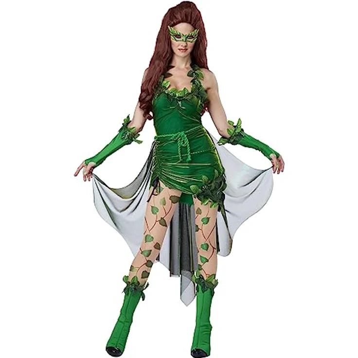 Metamorph Poison Ivy Comic-Kostüm, metallisch schillerndes grünes Neckholder-Kleid mit Efeuranken, Größe M – Bild 1