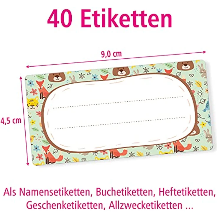 itenga 40x Buchetiketten Heftetiketten 9x4,5cm, selbstklebende Schulheft Etiketten mit Waldtieren, beschreibbar – Bild 2
