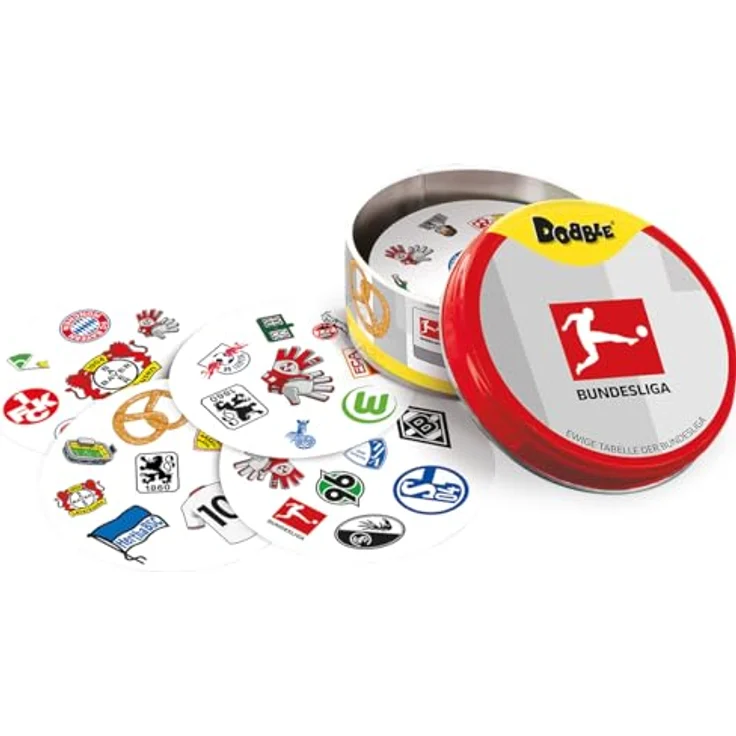 Asmodee ZYGD0034 Dobble Bundesliga, kartenbasiertes Reaktionsspiel mit 55 Club-Logos und 5 Spielvarianten für Fußballfans – Bild 7
