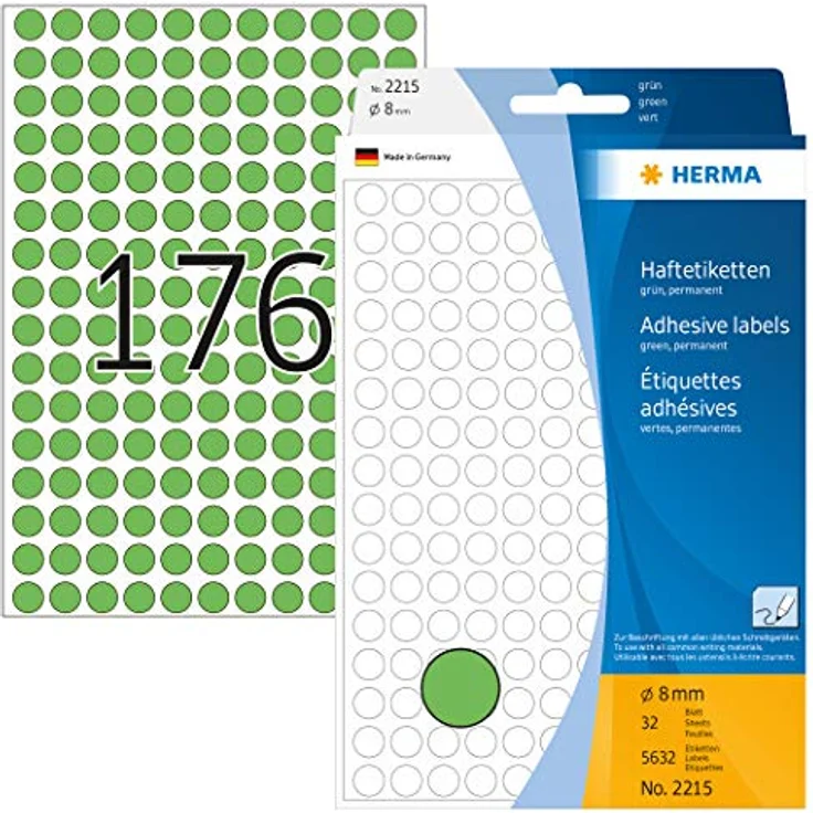 HERMA 2215 Punktaufkleber Klebepunkte grün, 32 Blatt, Ø 8 mm, 176 pro Bogen, 5632 Aufkleber, selbstklebend, Markierungspunkte zum Beschriften, runde Farbpunkte aus Papier, blanko - Preisvergleich – Bild 1