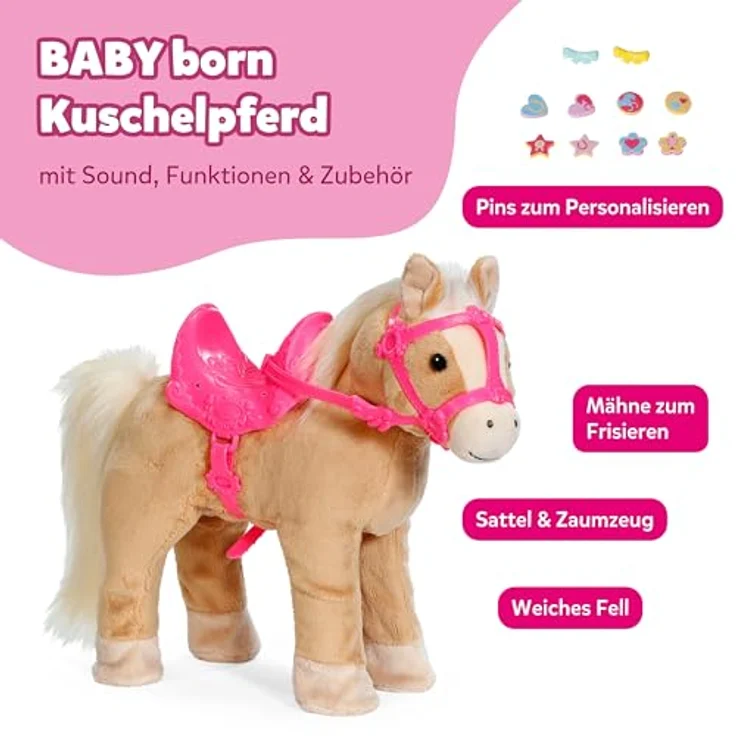 BABY Born My Cute Horse, interaktives Puppenpferd mit Lauf- und Soundfunktion, Plüsch, rosa Sattel und Zaumzeug, inkl. Pins zum Dekorieren – Bild 2