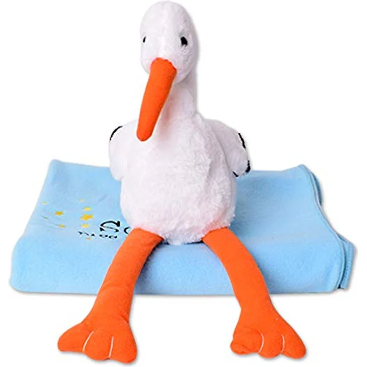 TE-Trend Kuscheltier Storch 38cm blau mit weicher Decke 100x80cm, Bestickt mit: „Schön das du da bist“ – Bild 3