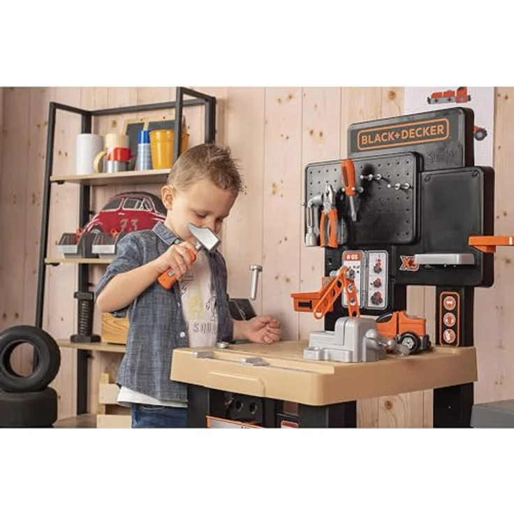 Smoby Spielwerkbank Black + Decker Werkbank Center, Kinderwerkbank mit großer Holzstruktur-Arbeitsfläche und Akkuschrauber, für Kinder ab 3 Jahren – Bild 8