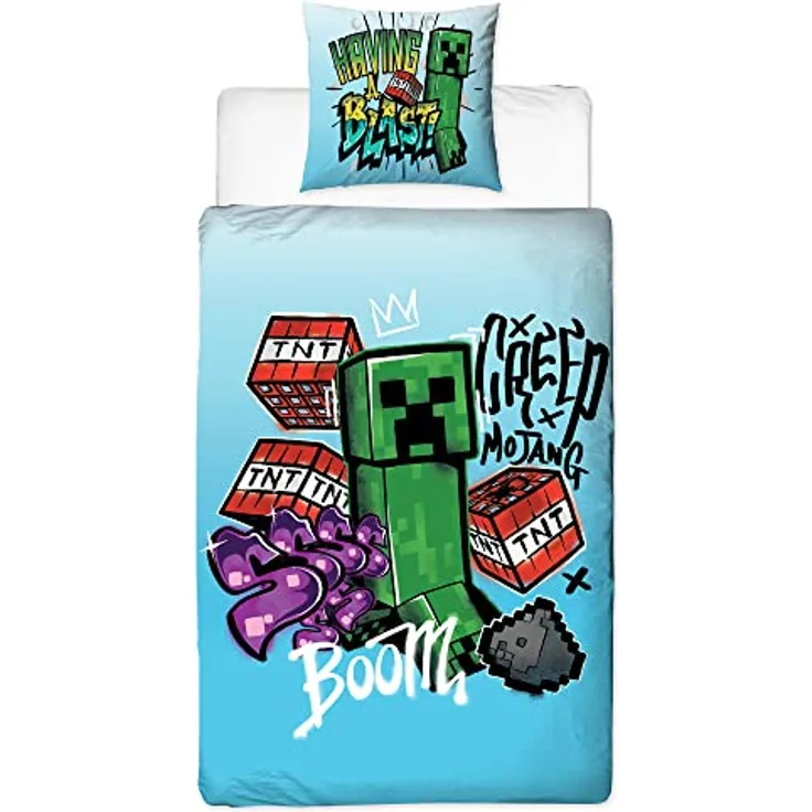 BERONAGE Minecraft Wende-Bettwäsche Blast 135 x 200 cm + 80 x 80 cm 100% Baumwolle Renforcé-Linon-Qualität Kinderbettwäsche TNT Creeper Enderman Crafting Zombie Enderdrache Skelett 2 Motive Reißverschluss - Kinderbettwäsche in hochwertiger Baumwollqualität