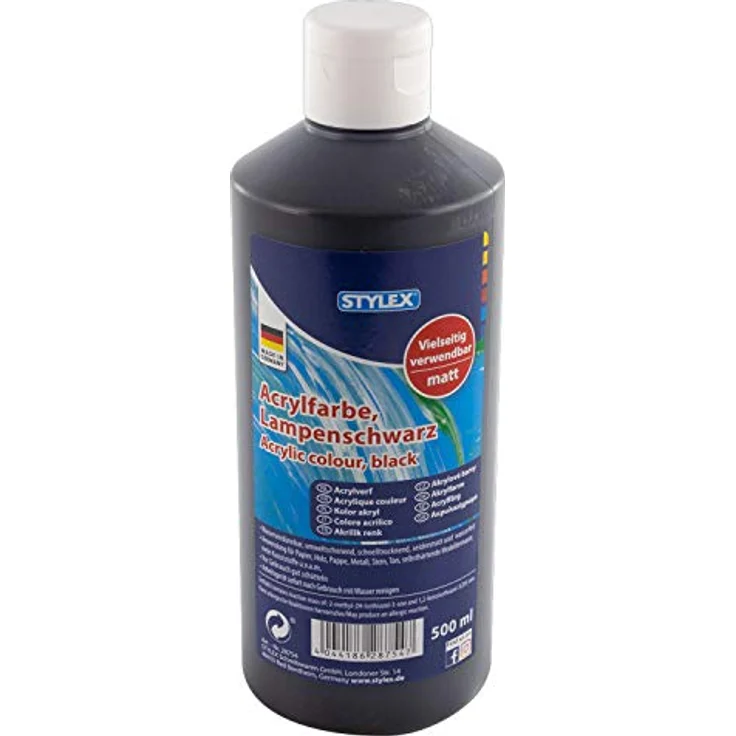 Stylex 28754 Acrylfarbe, 500 ml Flasche in lampenschwarz, matt, hohe Deckkraft, lichtbeständig, schnelltrocknend und wasserfest – Bild 1