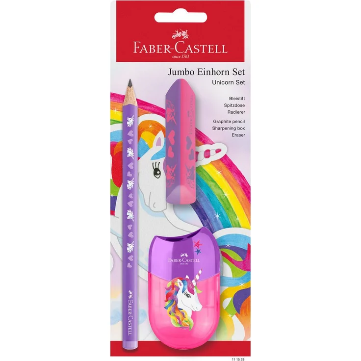 Faber-Castell Jumbo Bleistiftset Einhorn, 2x HB Bleistifte mit bruchgeschützter Mine, lila, inkl. Radierer und Spitzer – Bild 1