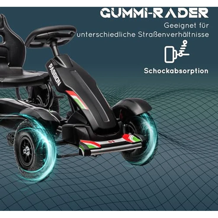 HOMCOM Go-Kart Tretauto, Kinderfahrzeug mit Handbremsen und verstellbarem Sitz, Schwarz, 121 x 58 x 61 cm – Bild 6
