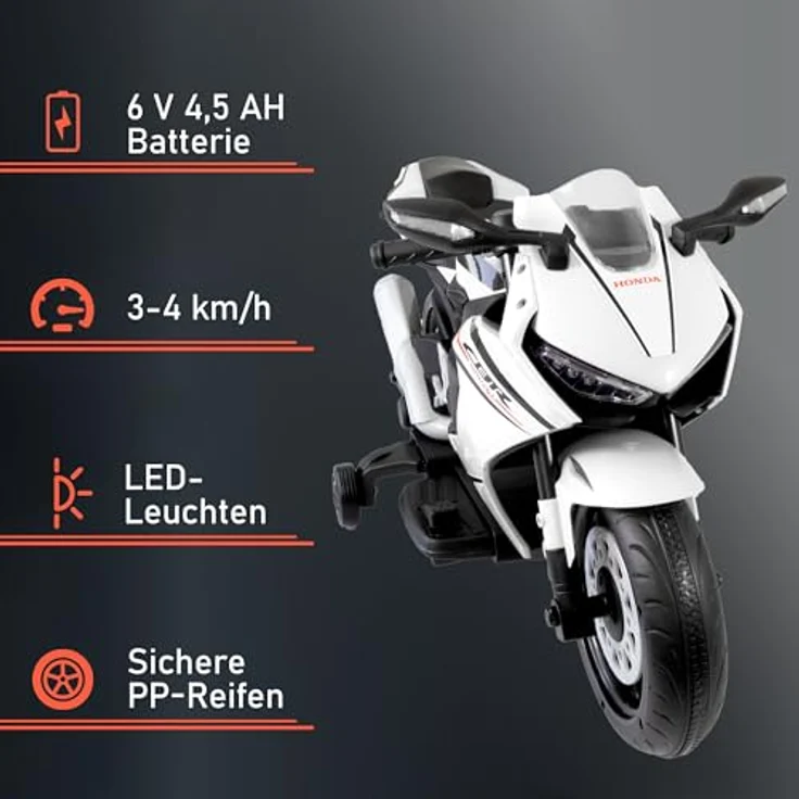 Lemodo Elektro-Kindermotorrad Honda Elektrofahrzeug für Kinder ab 3 Jahren, weiß/schwarz, LED-Leuchten, 6 V 4,5 AH Batterie, 3-4 km/h, ca. 90 x 44 x 52 cm – Bild 2