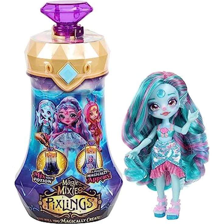 Magic Mixies Pixlings Puppe Marena im Meerjungfrauen-Look: Magische Enthüllung der wunderschönen, detailreichen 16,5 cm großen Pixlings-Puppe in einer Zaubertrank-Flasche – Bild 1
