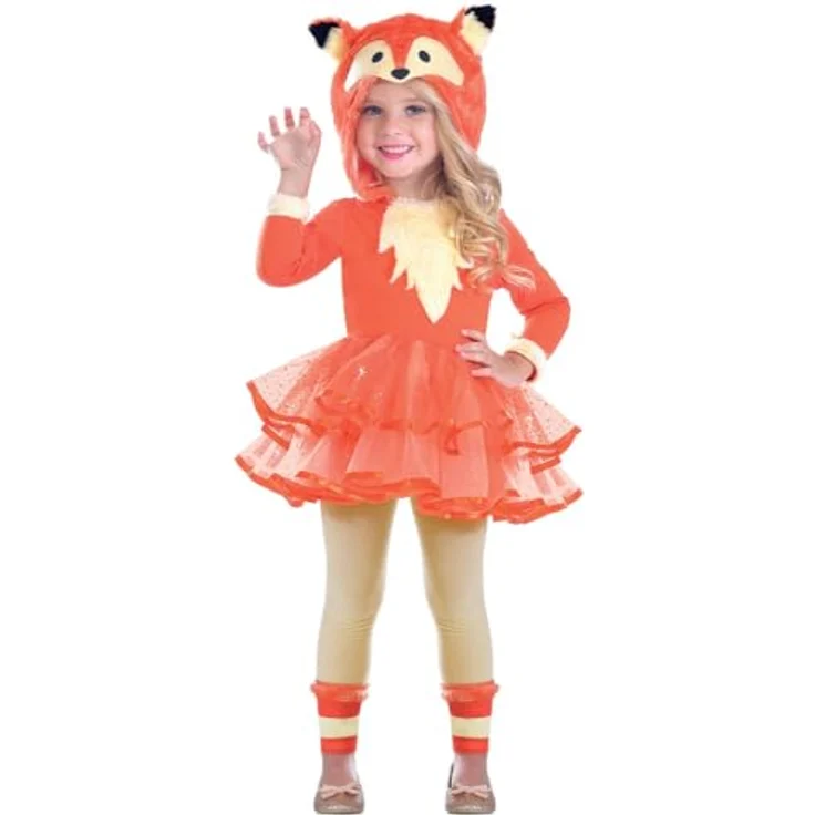 amscan 9903509 Kinderkostüm Fuchs für Mädchen 4-6 Jahre, Orange mit Kunstfell-Brust und Fuchskopf-Kapuze – Bild 2