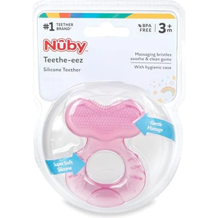 Nuby Teethe-eez Silikon-Beißring, weiche Zahnungshilfe mit strukturierter Oberfläche zur Zahnfleischmassage, hygienisches Etui inklusive, rosa, ab 3 Monaten – Bild 5