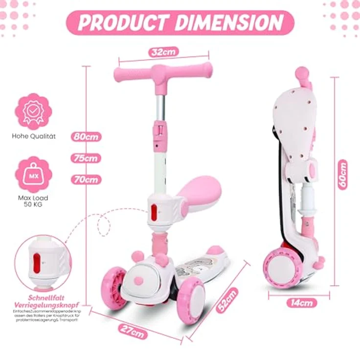 Habib Gruppe Kinderroller Tretroller 3-in-1 Faltbar mit Sitz, LED-Rädern, verstellbar & leicht für Kinder (1-12 Jahre), pink – Bild 3