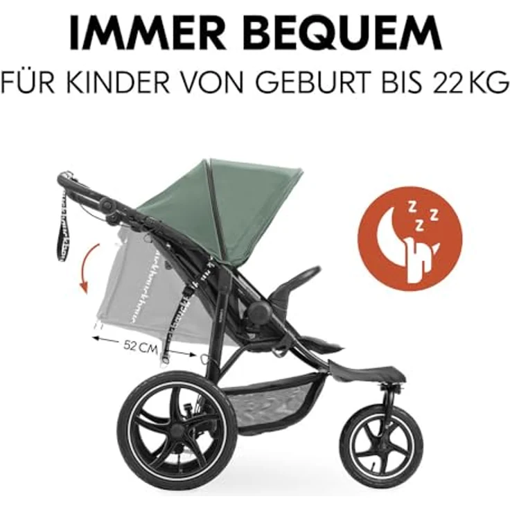 Hauck Kinderwagen Runner 3, Dreirad Buggy mit XL Lufträder, Federung, Handbremse, XL Sonnenverdeck (UPF 50+), Faltbar, Korb mit Deckel, Liegefunktion, Getränkehalter - Jungle Green – Bild 4