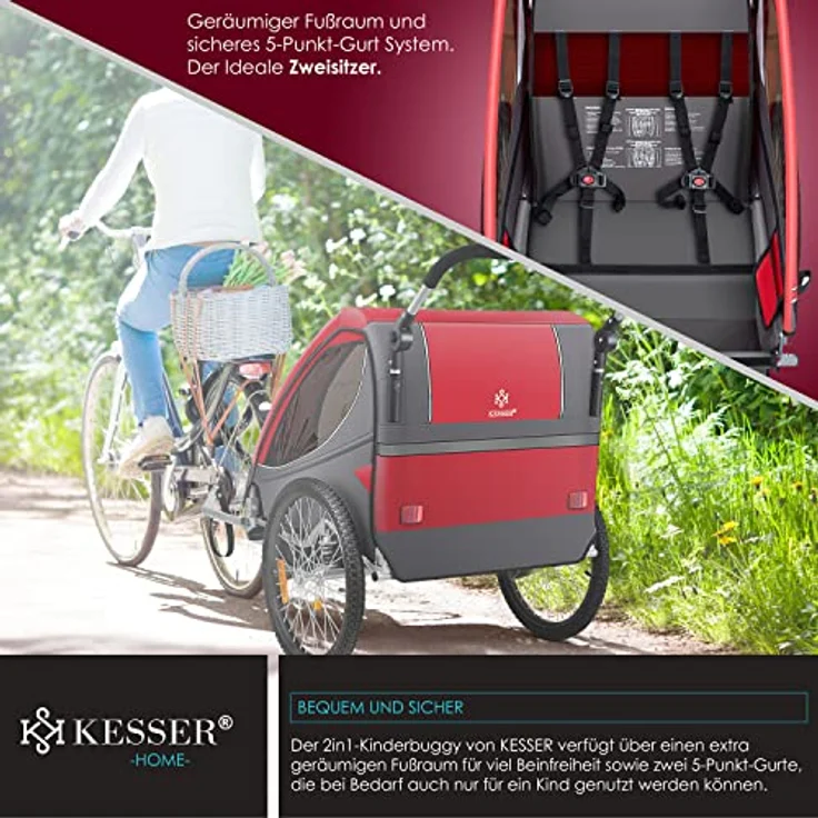 KESSER® Cruiser Kinderanhänger Fahrradanhänger 360° Drehbar mit Federung 2in1 Joggerfunktion Kinderfahrradanhänger + 5-Punkt Gurt Jogger Fahrrad Anhänger für 1 bis 2 Kinder max. 40kg Rot – Bild 6