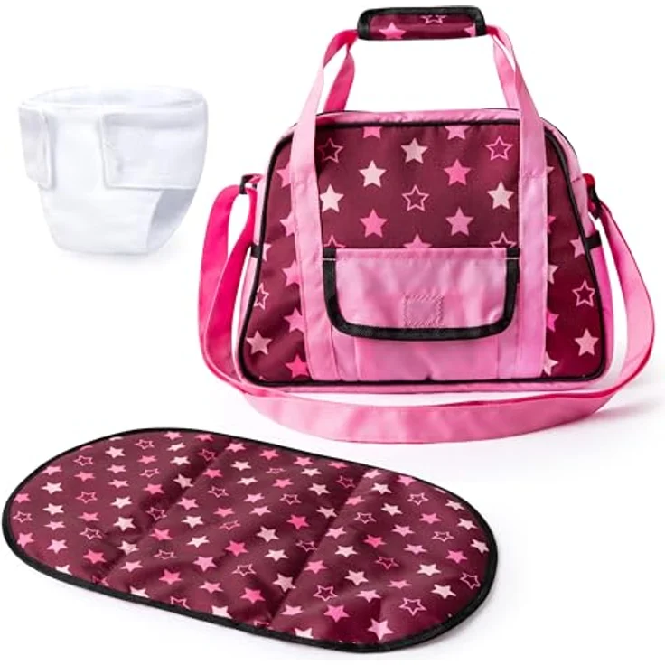 Bayer Design 69023AA Wickeltasche für Puppen, Winkelunterlage, Stoffwindel, Puppenzubehör, Tasche, modernes Design mit Einhornmotiv, verstellbarer Gurt, vielfältig nutzbar, inkl. Wickelunterlage und Stoffwindel, mehrfarbig – Bild 1