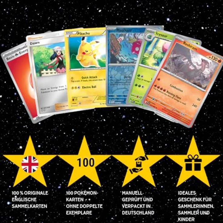 cardcosmos 100 Karten Set - Pokemon Karten Englisch, inkl. 12 Holo/Reverse Holo, 100 Kartenhüllen, keine Duplikate, ideale Geschenkbox für Kinder & Sammler – Bild 4