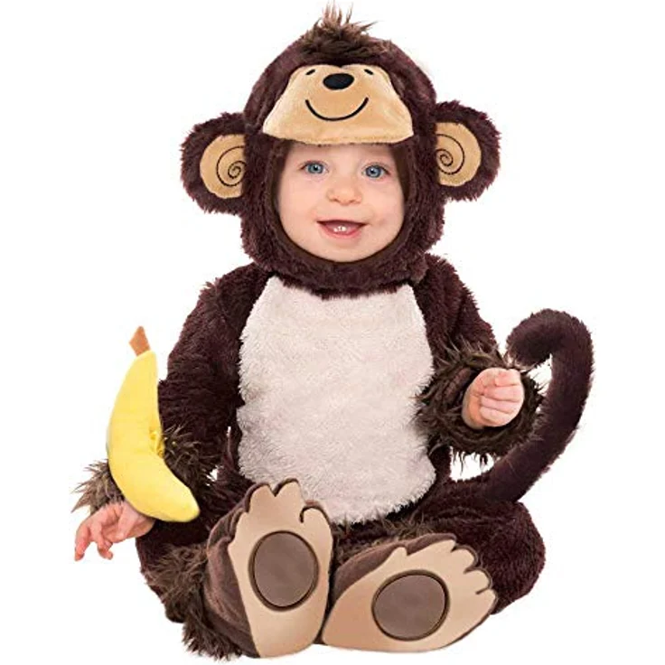 amscan Kinderkostüm AFFE um Zoo, 18-24 Monate, Braun, flauschiger Jumpsuit mit Schwanz und Kapuze