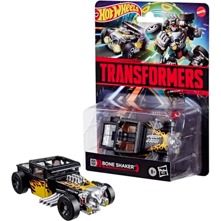 Transformers Collaborative Hot Wheels® x Bone Shakerä, verwandelbare Action-Figur mit 12,5 cm Roboter und Fahrzeug-Modus, Flammen-Deko und Totenkopf Kühlergrill