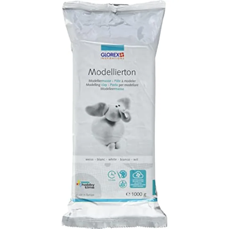 Glorex 6 1780 712 - Modellierton, 1 kg in weiß, gebrauchsfertige lufthärtende Modelliermasse, natürlich, weich und geschmeidig, nach der Trocknung bemalbar
